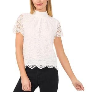 CeCe Women White Floral Lace Mock Neck Tie Cap Sleeve Elegant Blouse Size XL